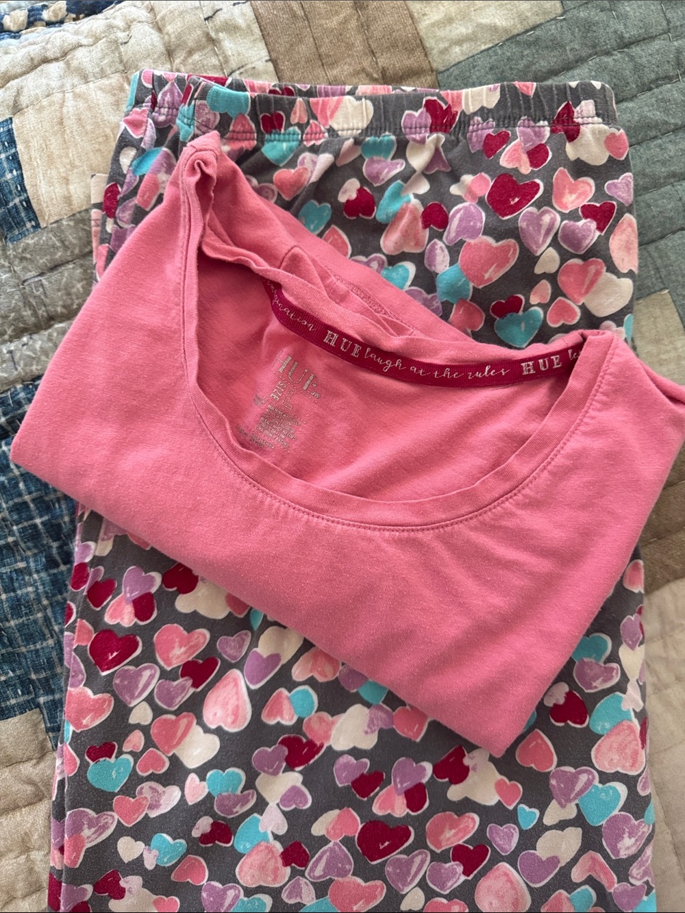 HUE Pink Scoop-Neck Top with Multicolor Heart-Print Pajama Pants